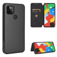 For Google Pixel 4A 5G Case Carbon Fiber Texture Magnetic Folio PU Leather Cover, Card Slot, Black