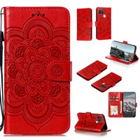 For Google Pixel 5 Case Mandala Embossing Pattern Folio PU Leather Wallet Cover, Red