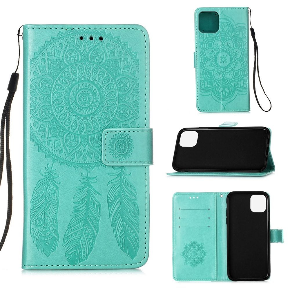 For iPhone 12 / 12 Pro Case, Dream Catcher Printing Folio PU Leather Case, Card Slots, Wallet, Lanyard, Green