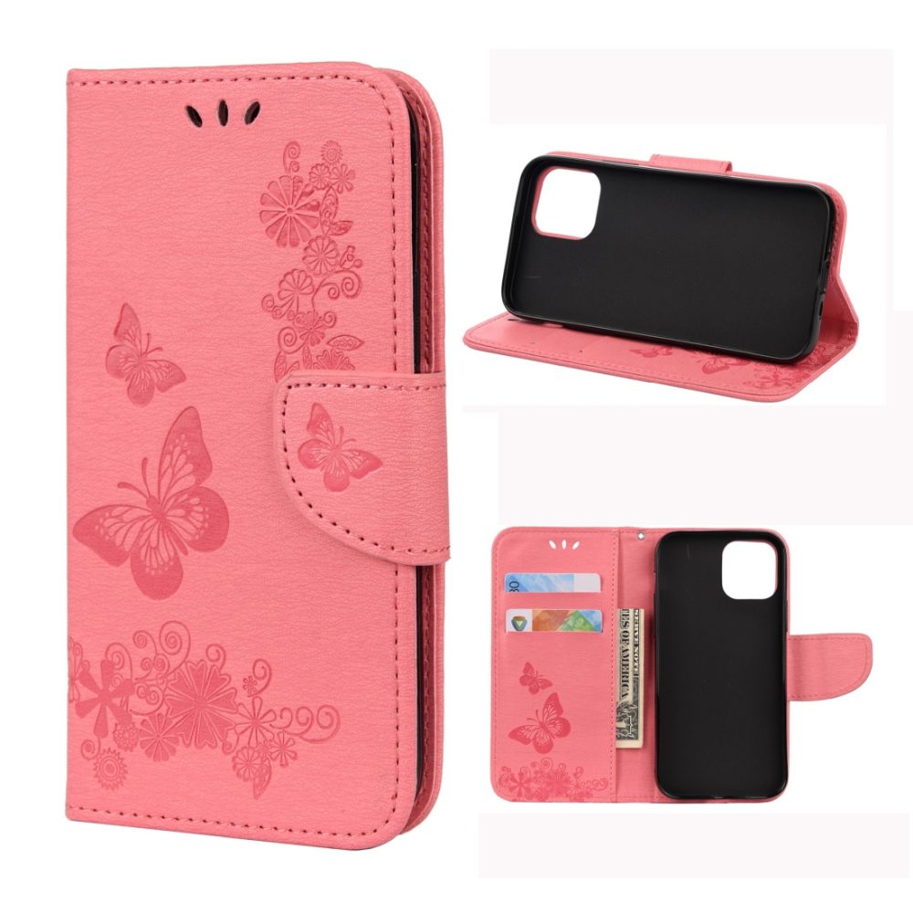 For iPhone 12 / 12 Pro Case, Vintage Floral Butterfly Folio PU Leather Case,Card Slot, Wallet, Lanyard, Pink