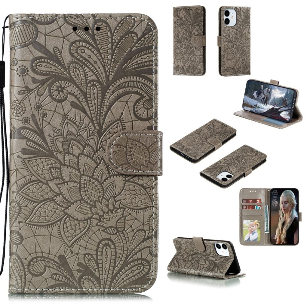 For iPhone 12 mini Case, Lace Flower Folio PU Leather Case, Card Slots, Wallet, Grey