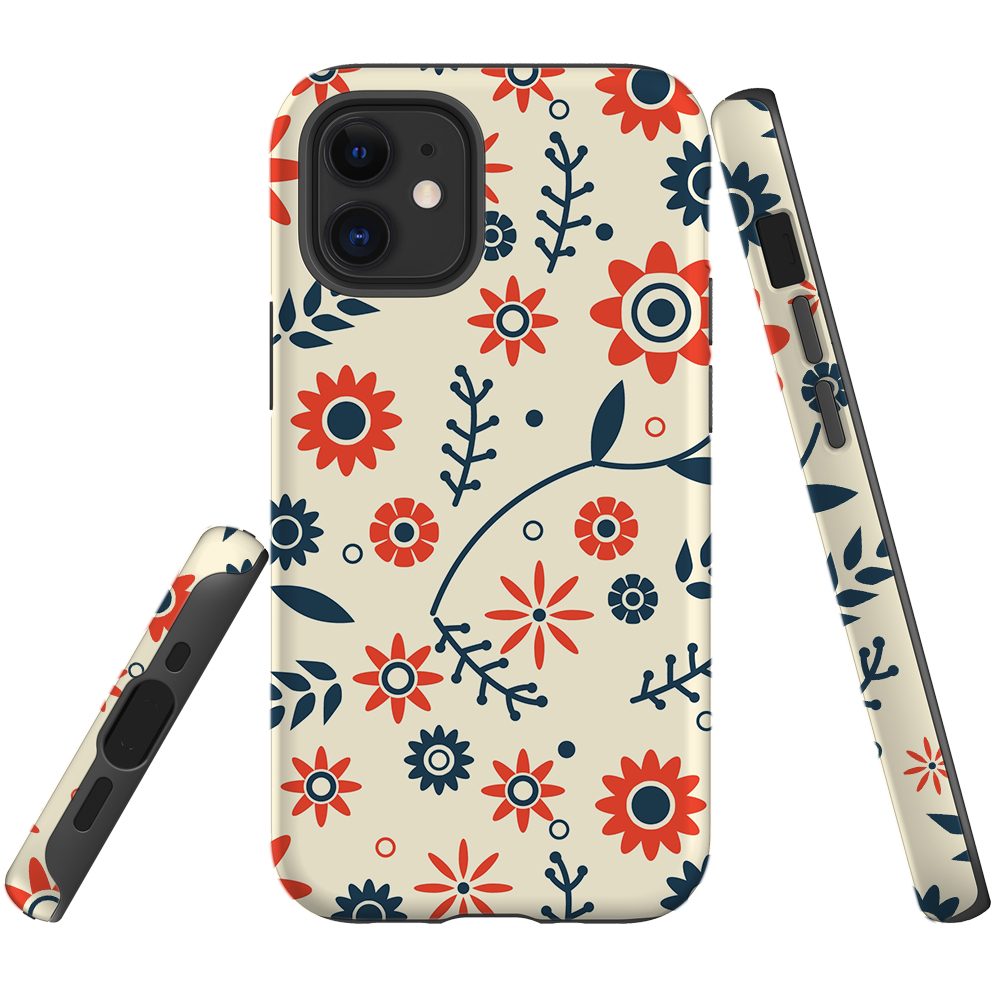 For iPhone 12 mini Case, Tough Shielding Back Cover, Flowers orange blue