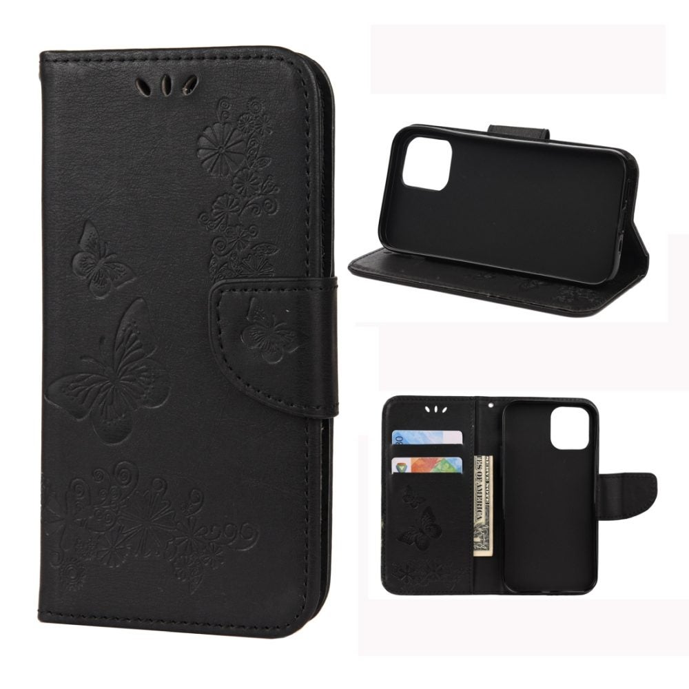 For iPhone 12 Pro Max Case, Vintage Floral Butterfly Folio PU Leather Case,Card Slot, Wallet, Lanyard, Black