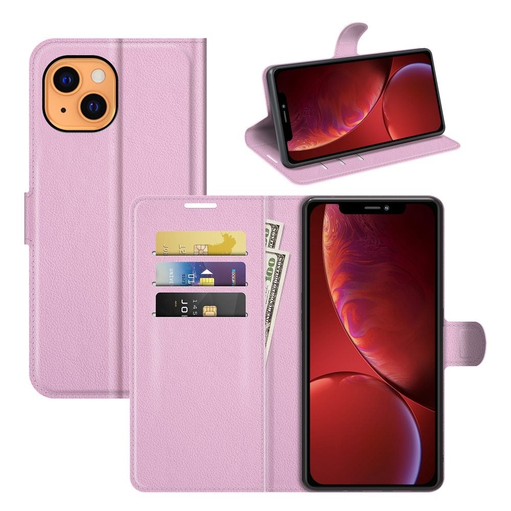 For iPhone 13 Case,Lychee PU Leather Wallet Folio Cover,Kickstand,Pink