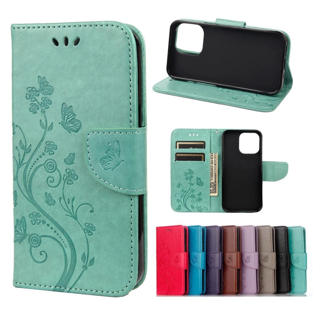 For iPhone 13 Case,Playful Butterflies PU Leather Wallet Cover,Green
