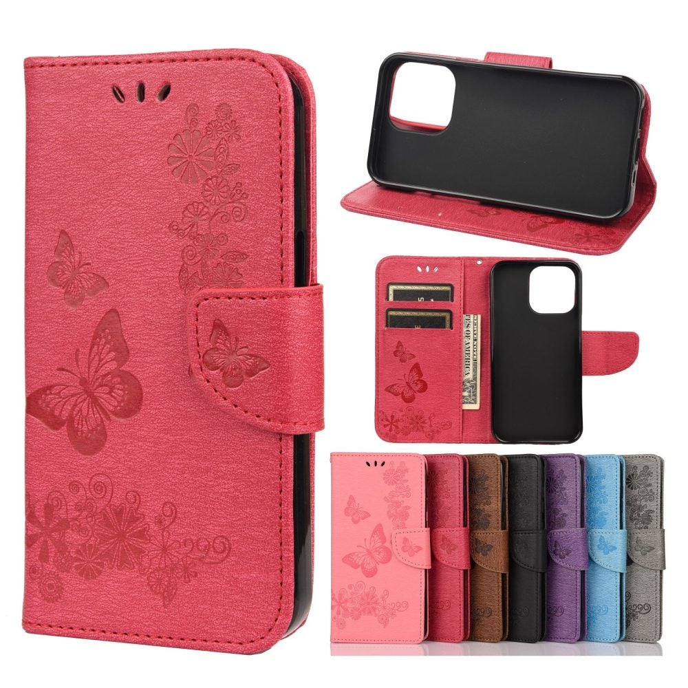For iPhone 13 Case,Vintage Butterflies PU Leather Wallet Cover,Stand,Red