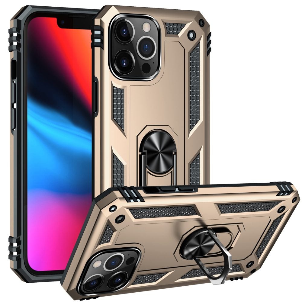 For iPhone 13 Pro Case,Armour Shockproof TPU/PC Cover,Ring Holder,Gold