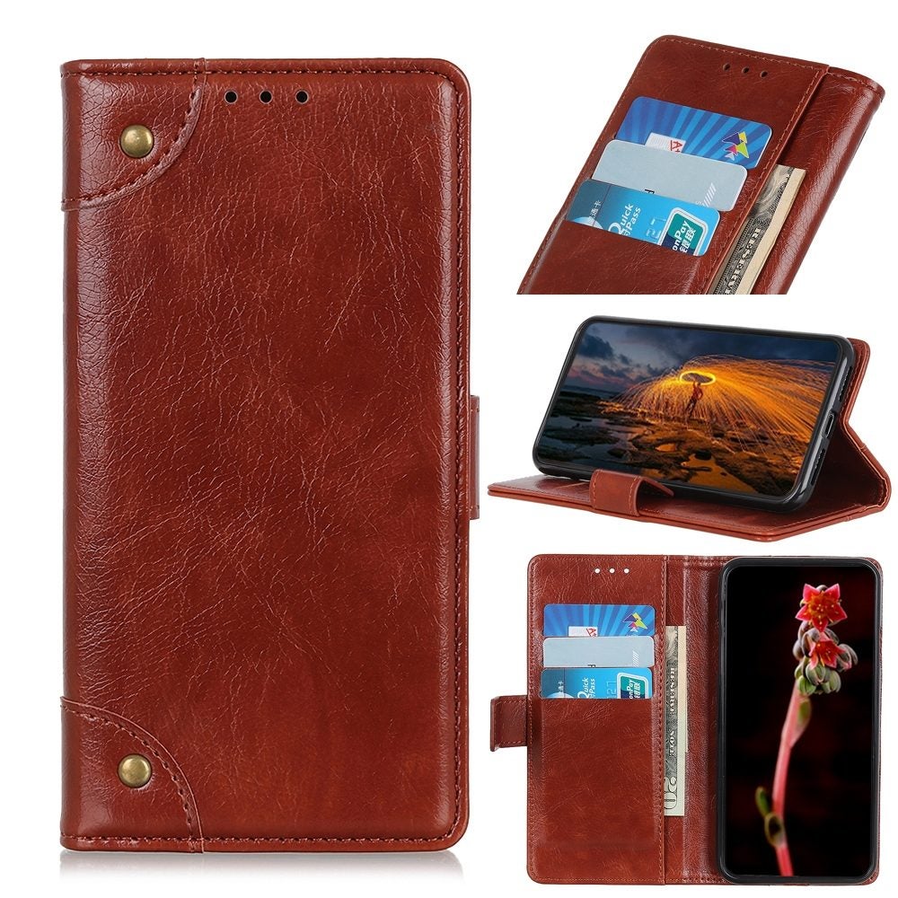 For iPhone 13 Pro Case,Retro PU Leather Wallet Cover,Copper Accents,Brown