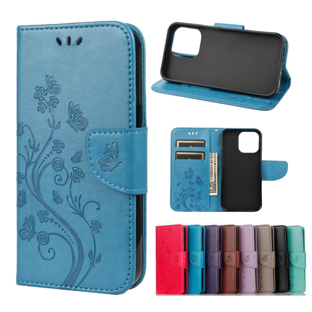 For iPhone 13 Pro Max Case,Playful Butterflies PU Leather Wallet Cover,Blue