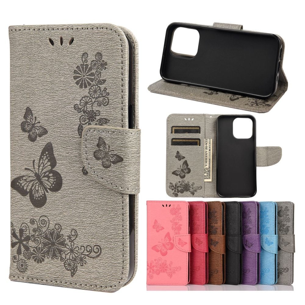For iPhone 13 Pro Max Case,Vintage Butterflies PU Leather Wallet Cover,Grey