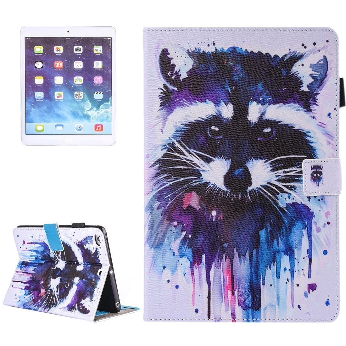 For iPad 2018,2017 9.7in Wallet Case,Watercolorful Racoon Leather Cover
