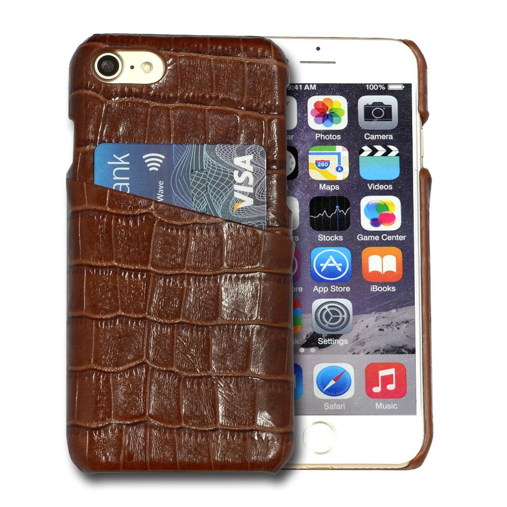 For iPhone 8,7 Case,iCoverLover Crocodile Shell Genuine Cow Leather,Dark Brown