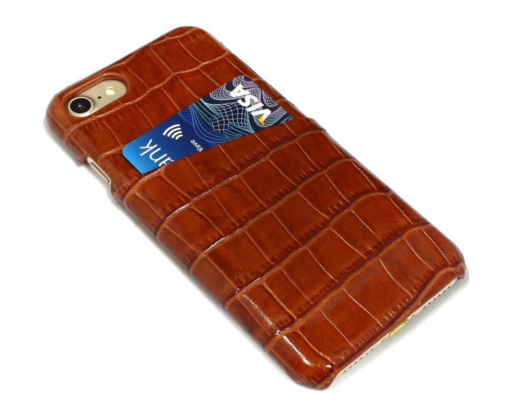 For iPhone 8,7 Case,iCoverLover Crocodile Shell Genuine Cow Leather,Light Brown