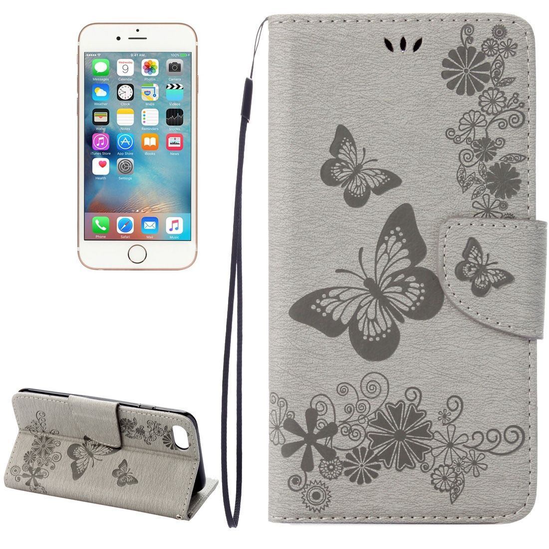 For iPhone 8,7 Wallet Case,Elegant Butterflies Embossed Leather Cover,Grey