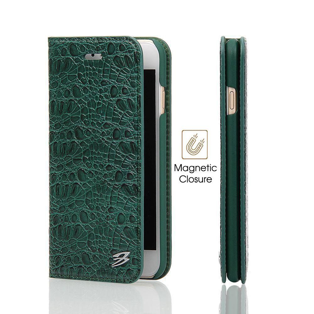 For iPhone SE (2020),8 & 7 Wallet Case,Crocodile Genuine Leather Cover,Green