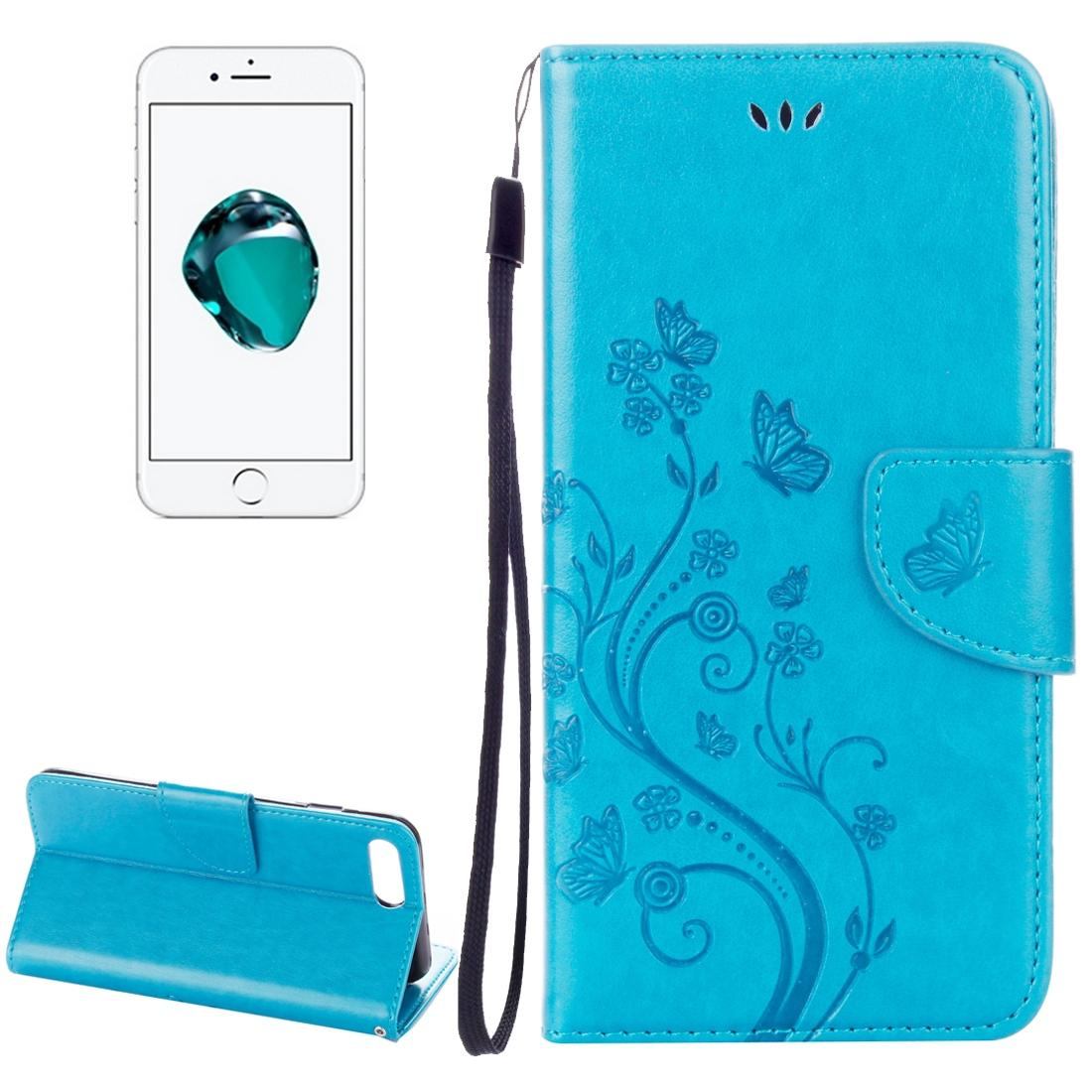 For iPhone 8 PLUS,7 PLUS Wallet Case,Fancy Butterflies Emboss Leather Cover,Blue