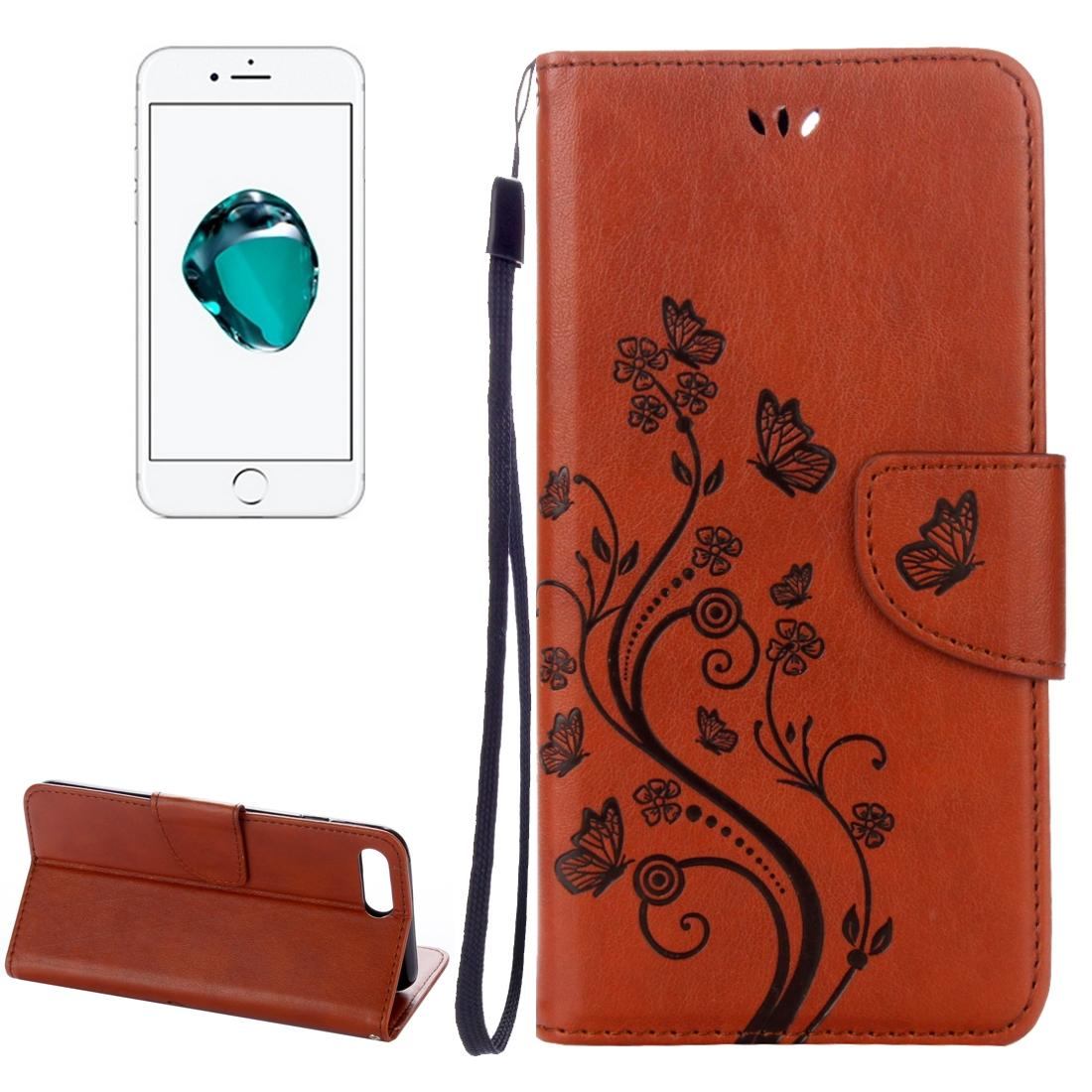 For iPhone 8 PLUS,7 PLUS Wallet Case,Butterflies Emboss Leather Cover,Coffee