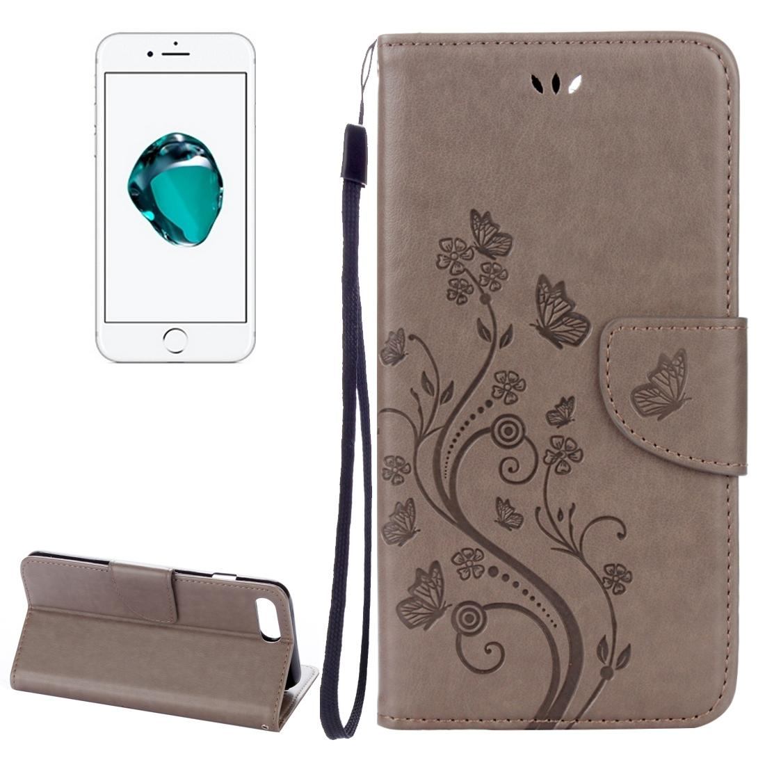 For iPhone 8 PLUS,7 PLUS Wallet Case,Fancy Butterflies Emboss Leather Cover,Grey