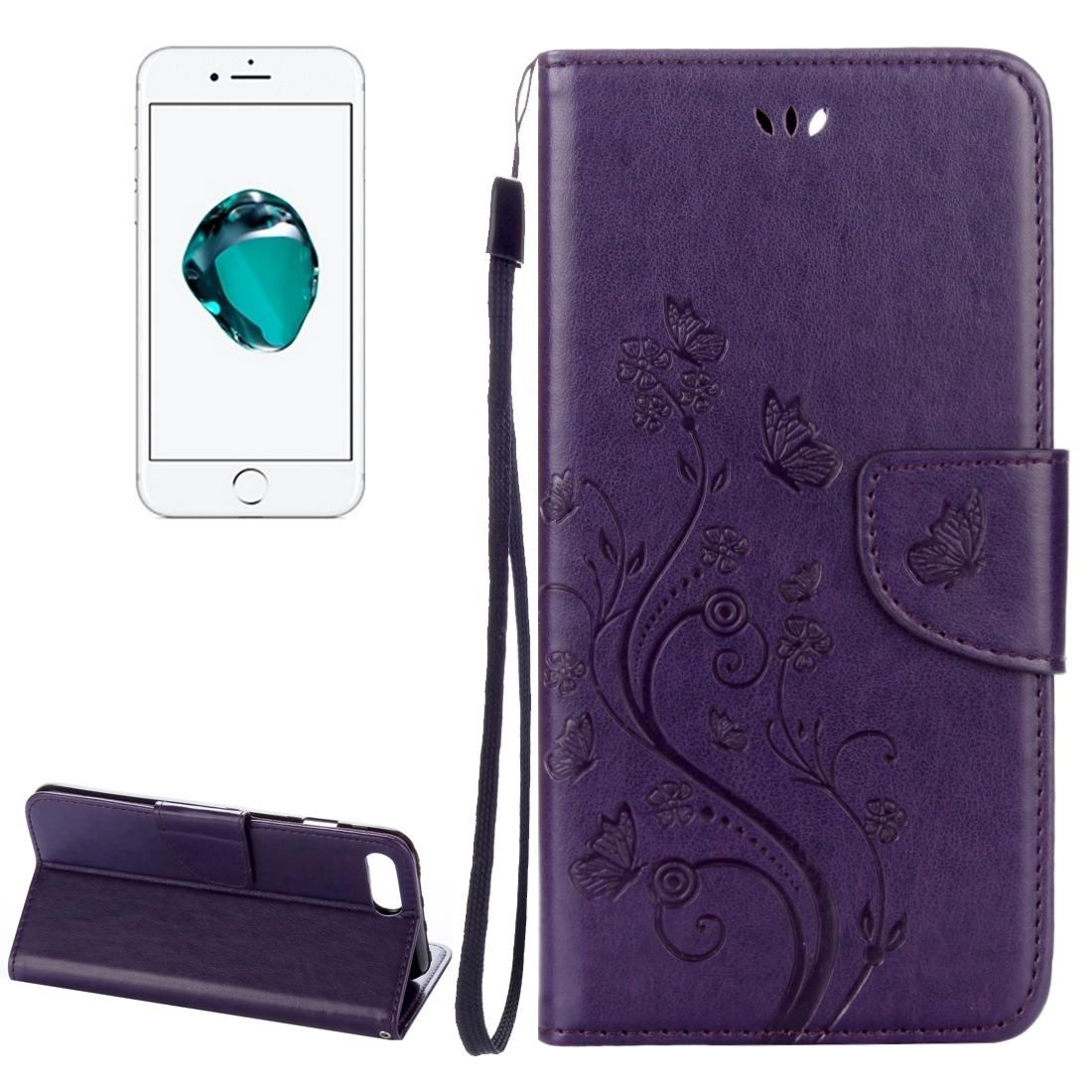 For iPhone 8 PLUS,7 PLUS Wallet Case,Butterflies Emboss Leather Cover,Purple