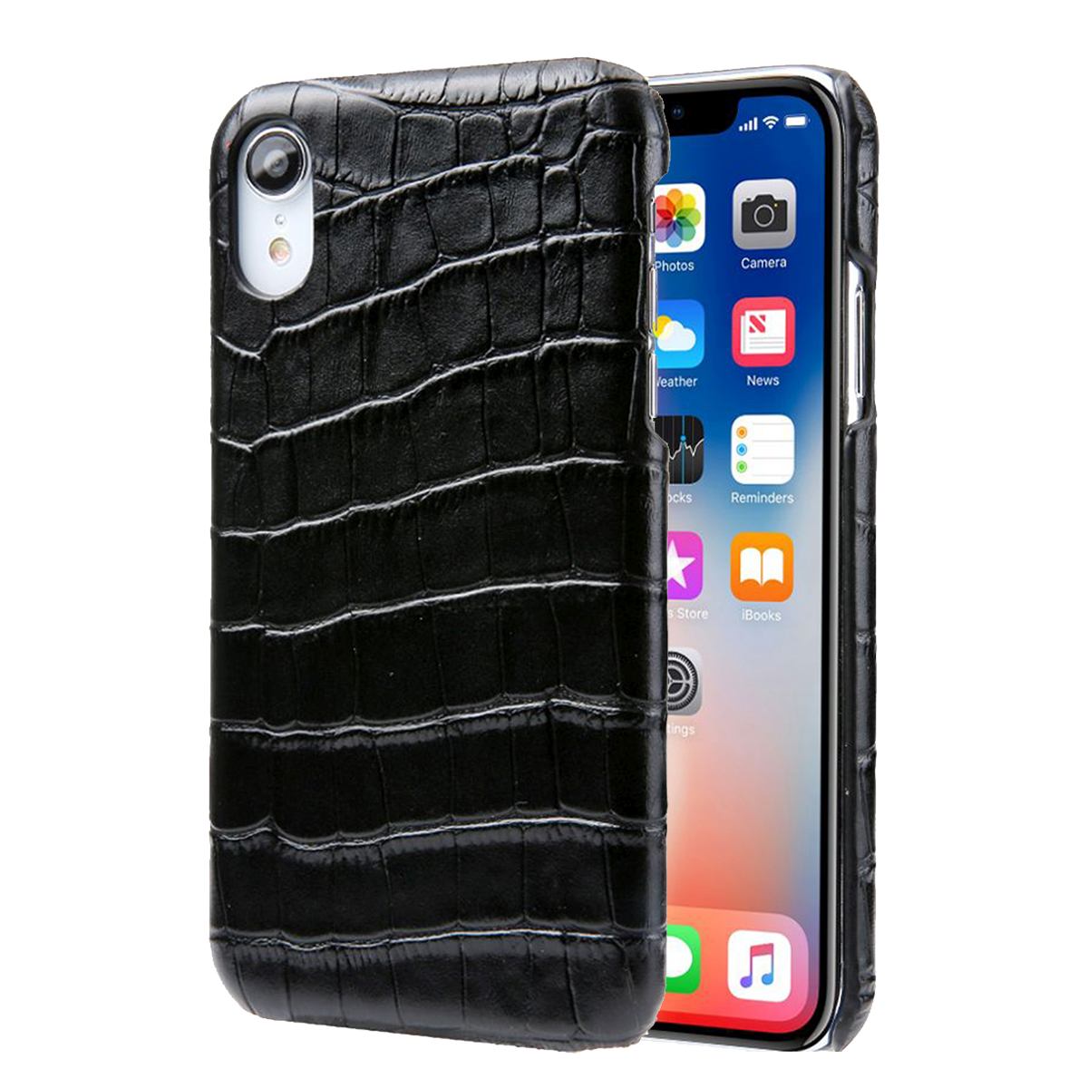 For iPhone XR Case Black Genuine Crocodile Leather Back Shell Cover