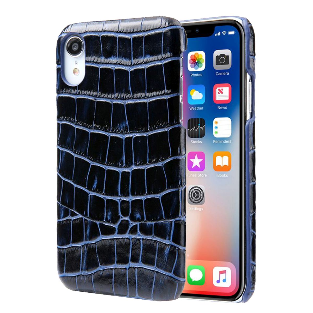 For iPhone XR Case Blue Genuine Crocodile Leather Back Shell Cover