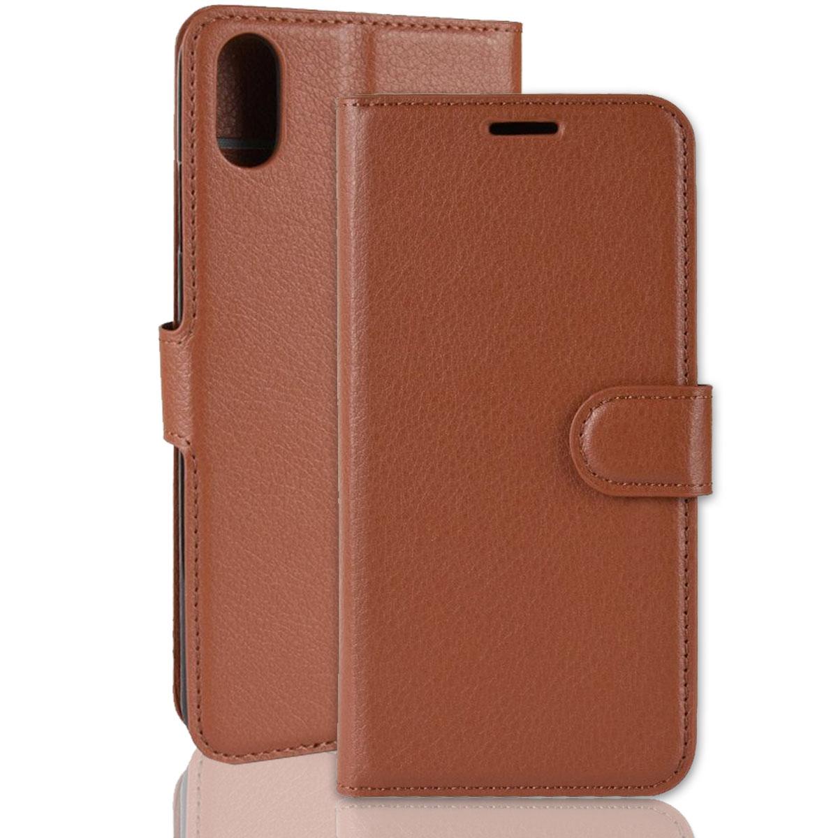 For iPhone XR Case Brown Lychee Leather Wallet Flip Cover Card Slots,Kick Stand