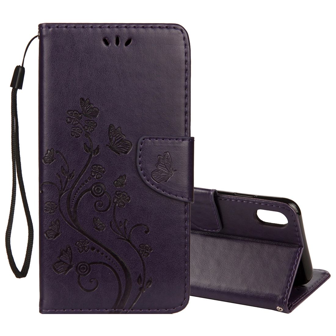 For iPhone XR Case Dark Purple Embossed Butterfly Pattern Folio Leather Case