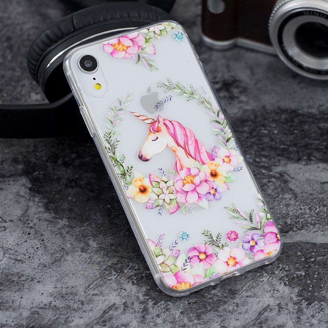 For iPhone XR Case Flower Unicorn Embellished Transparent TPU Protective Cover