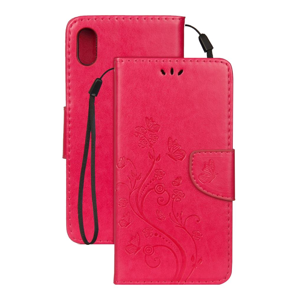 For iPhone XR Case Magenta Embossed Butterfly Pattern Folio Leather Case