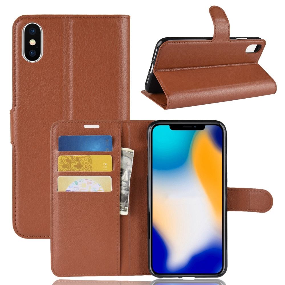 For iPhone XS MAX Cover,Folio Lychee Flip Leather Wallet Mobile Phone Case,Brown