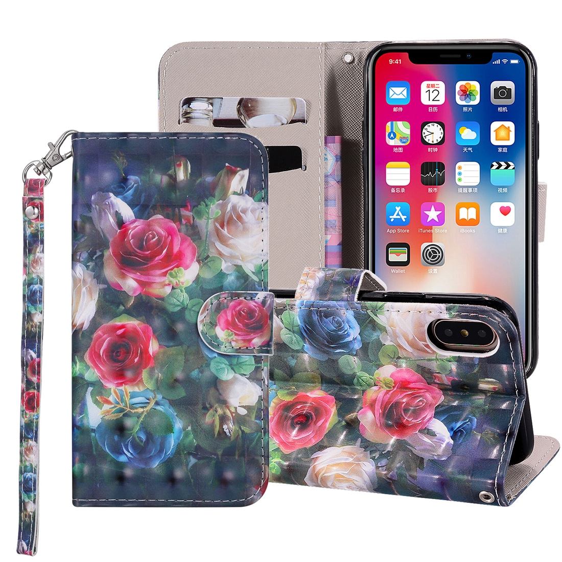 For iPhone XS Max Cover,Leather Card Slots Wallet Lanyard Mobile Phone Case,Rose