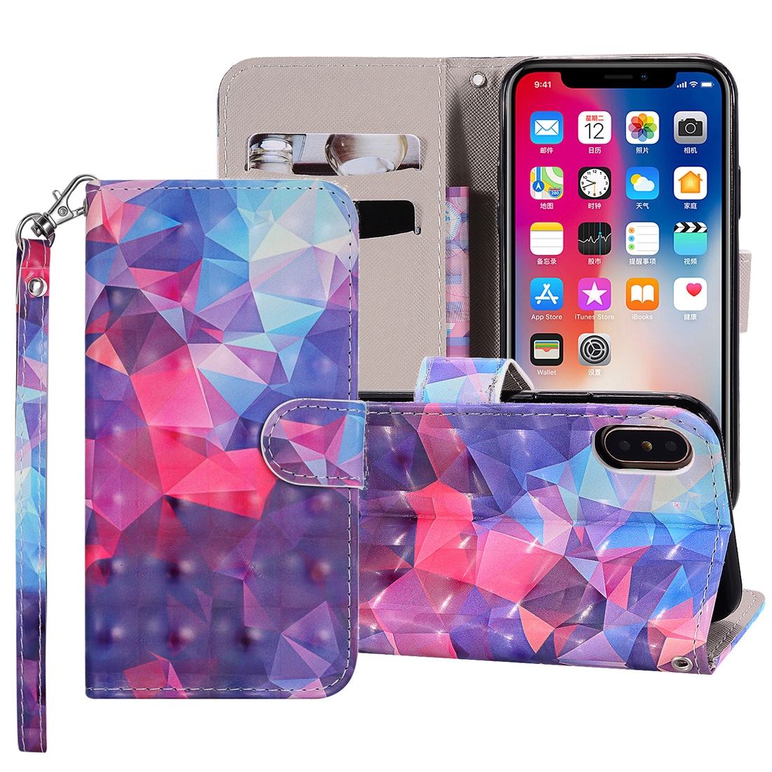 For iPhone XS Max Cover,Leather Card Slots Wallet Phone Case,3D Color Grid