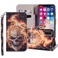 For iPhone XS Max Cover,Leather Card Slots Wallet Lanyard Phone Case,Fiery Skull