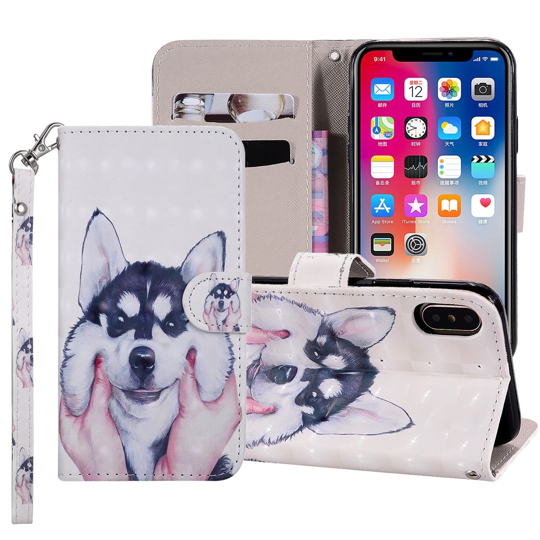 For iPhone XS Max Cover,Leather Card Slots Wallet Lanyard Phone Case,Husky