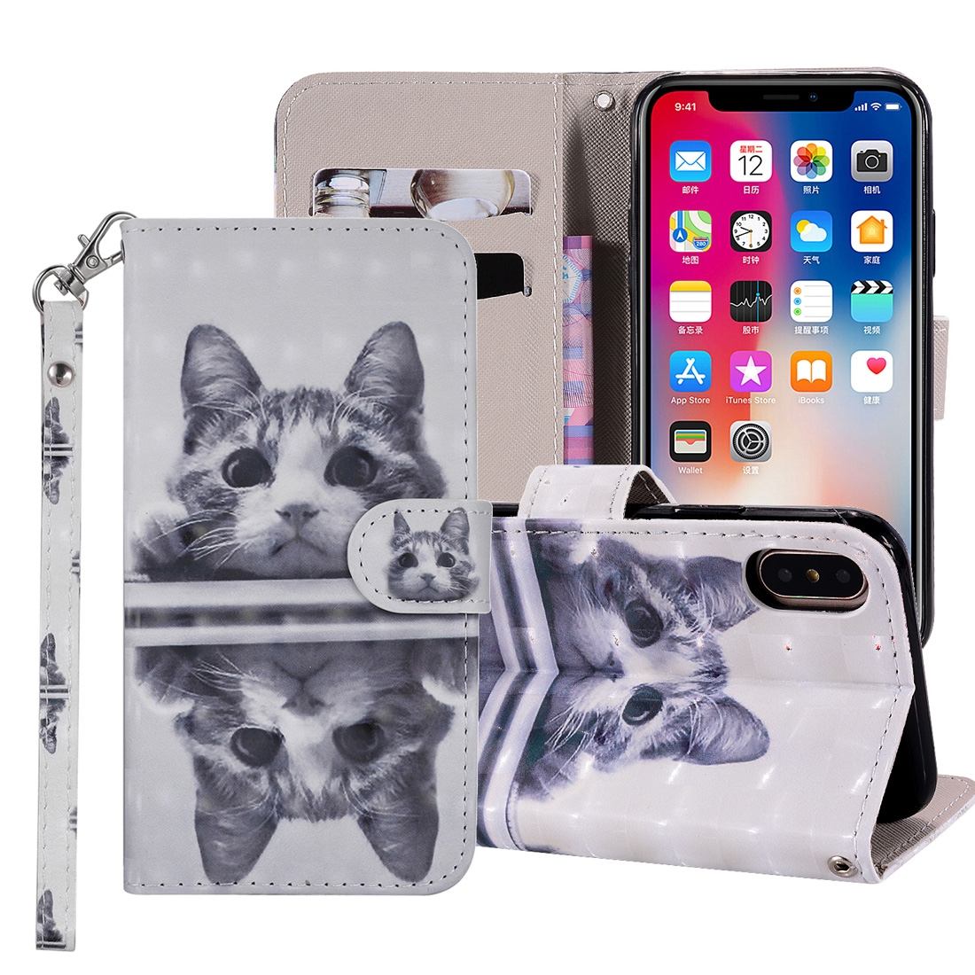 For iPhone XS Max Cover,Leather Card Slots Wallet Phone Case,Mirrored Cat