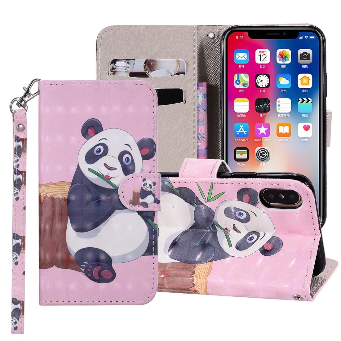 For iPhone XS Max Cover,Leather Card Slots Wallet Lanyard Phone Case,Panda