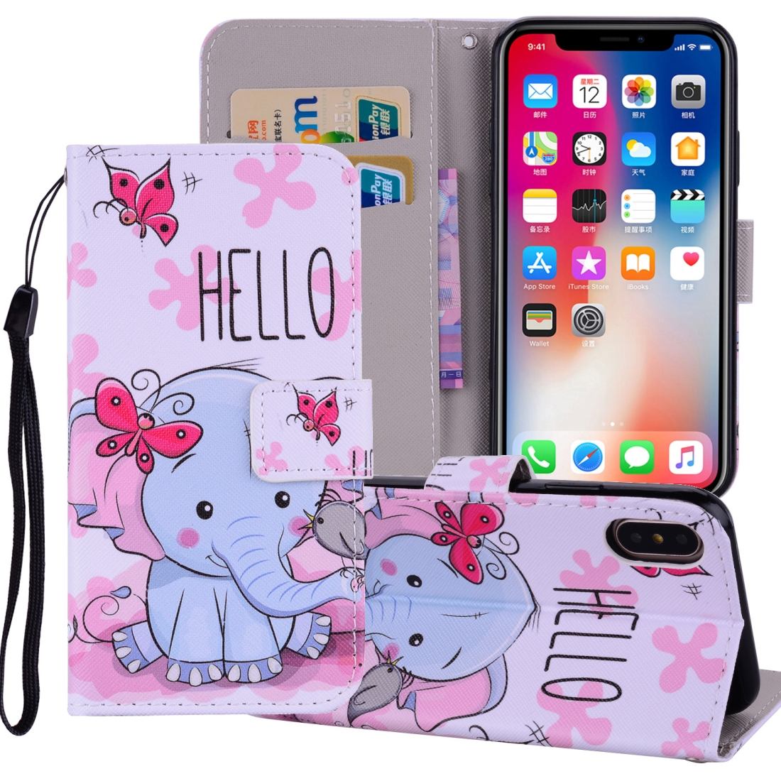 For iPhone XS MAX Cover Leather Folio Wallet Card Slot Case Butterfly Elephant
