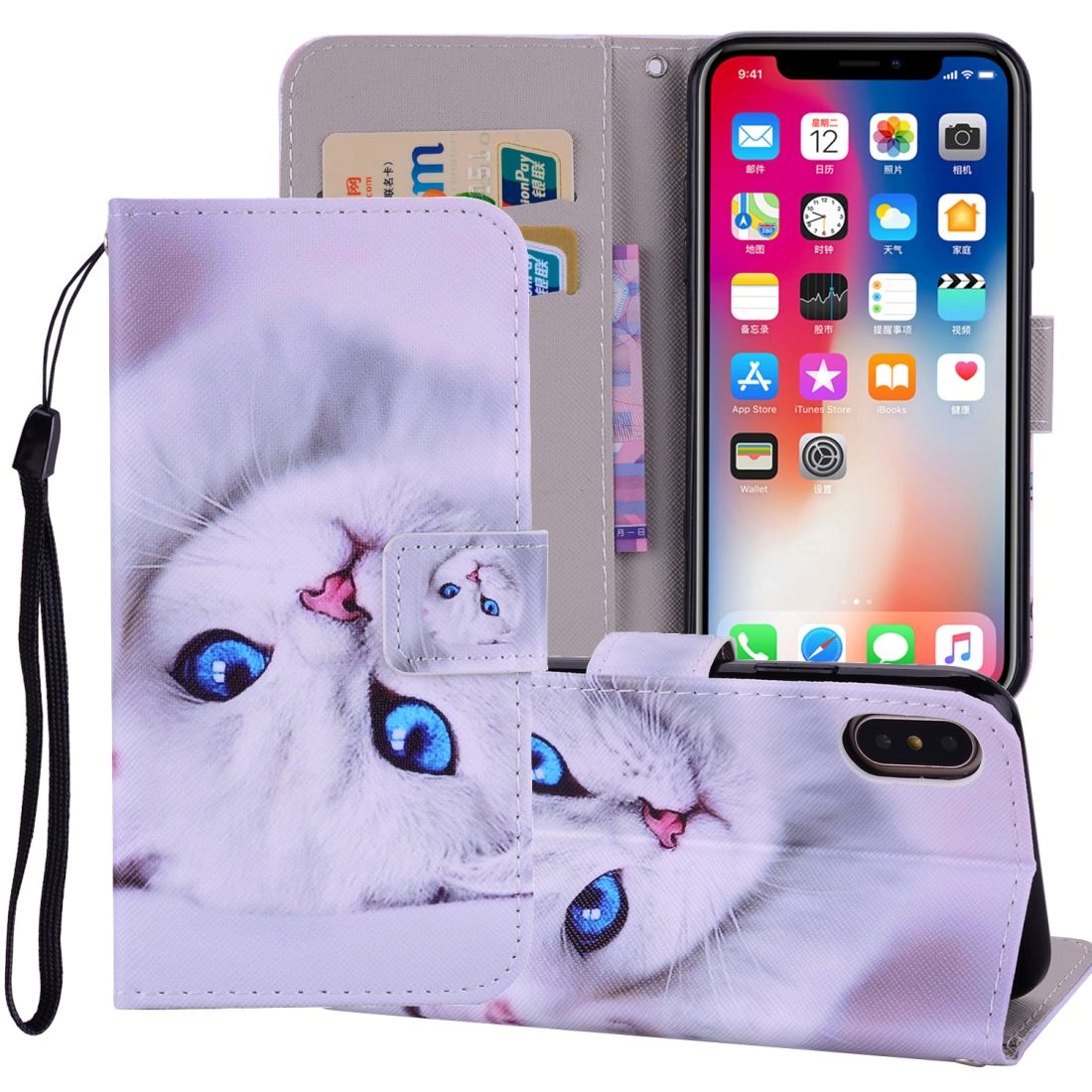 For iPhone XS MAX Cover,Leather Folio Wallet Card Slots Phone Case,White Cat
