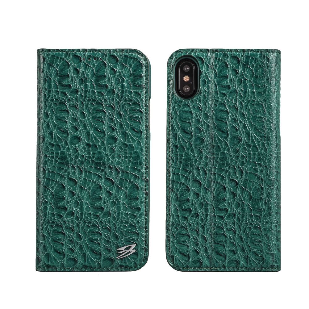 For iPhone XS,X Wallet Case,Fierre Shann Crocodile Genuine Leather Cover,Green