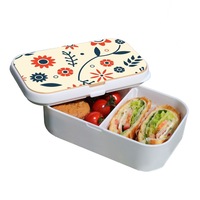 Lunch Box Food Container Picnic Authentic Wood Strap Cutlery Flowers Orange Blue