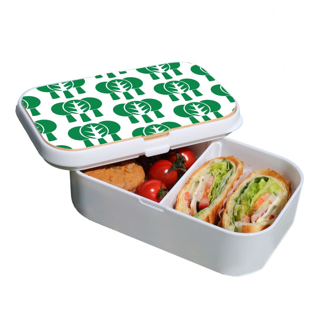 Lunch Box Food Container Picnic Authentic Wood Strap Cutlery Green Tree Pattern