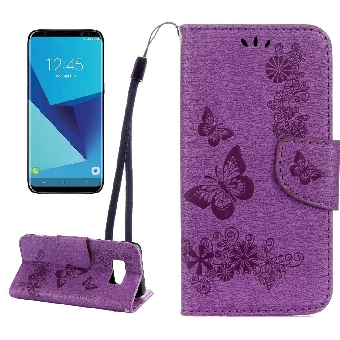 For Samsung Galaxy S8 Wallet Case,Fancy Butterflies,Emboss Leather Cover,Purple