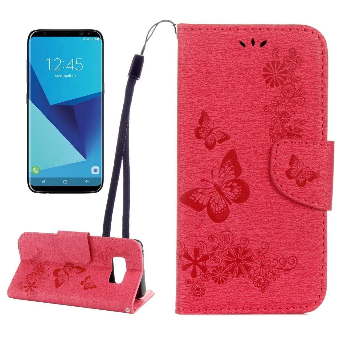 For Samsung Galaxy S8 Wallet Case,Fancy Butterflies,Embossed Leather Cover,Red