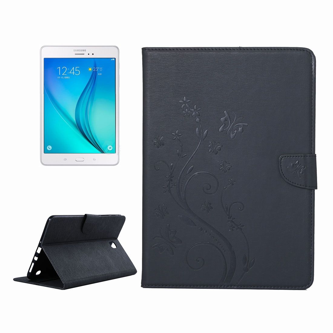 For Samsung Galaxy Tab A 8.0 SM350,355 Case,Flower Butterfly Leather Cover,Black