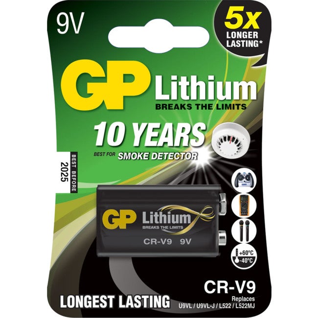 GP CR9VC1 9V Lithium Battery 10 Year Smoke Alarm Life System: Lithium-Manganese Dioxide