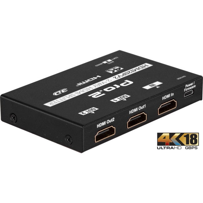 PRO2 HDMI2SPV2 18Gbps 2 Way HDMI Splitter 1 In 2 Out Slim HDMI 2.0 Supports HD TV Resolutions Up To