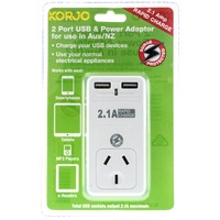 KORJO USB2X2AU 2 Port USB and Power Adaptor Australia Only 2 X USB Outlets 2 PORT USB and POWER