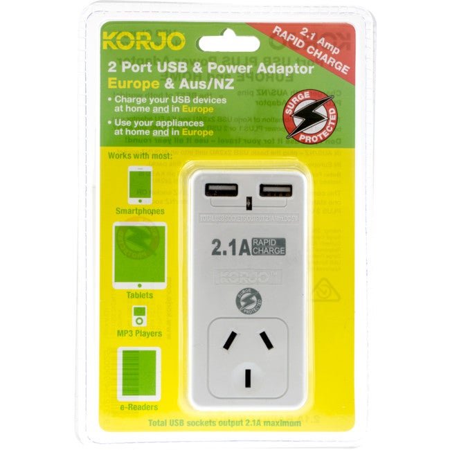 KORJO USB2X2EU 2 Port USB and Power Adaptor Europe & Australia For Use In Europe and Australia 2
