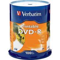 VERBATIM VDVD-R100P 100Pk DVD-R Printable Spindle 16X 4.7Gb Full-Colour, High Resolution,