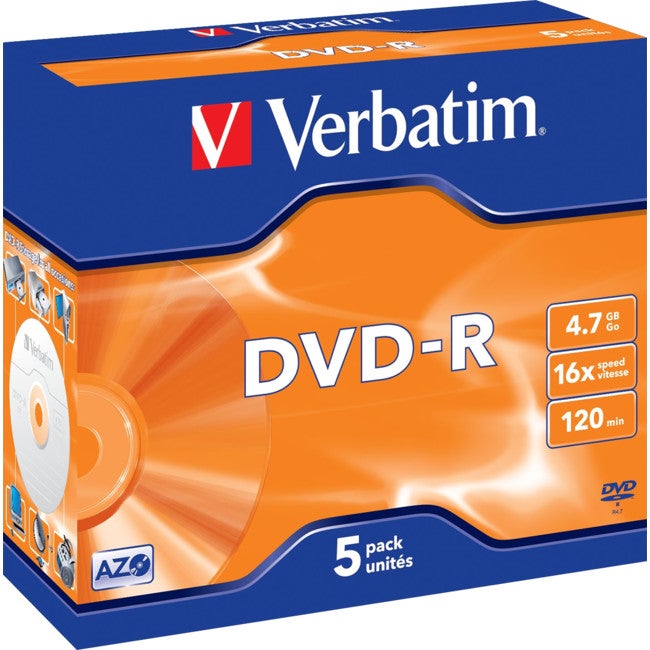 VERBATIM VDVD-R5 DVD-R 4.7Gb 1-16X 5 Pack Jewel Cases Advanced Azo Recording Dye Optimises